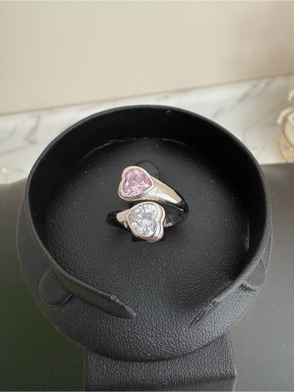 Sterling Silver Heart Bypass Ring with Pink and Clear Stones
